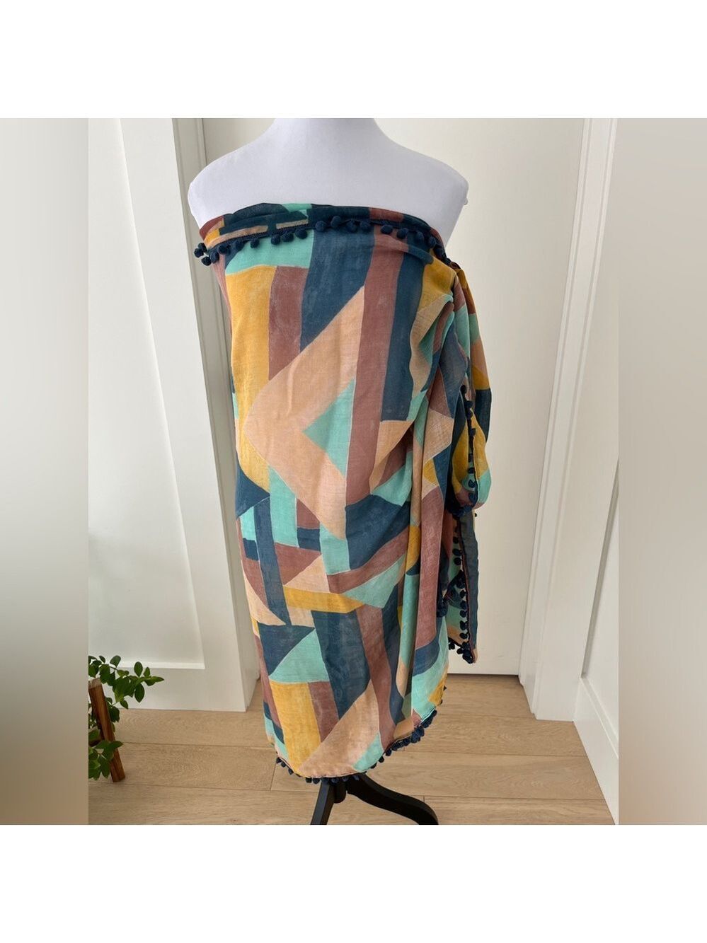 PRANA Stefany Sarong Pareo Oversized Scarf Beach Swimsuit Coverup Pom Pom Trim